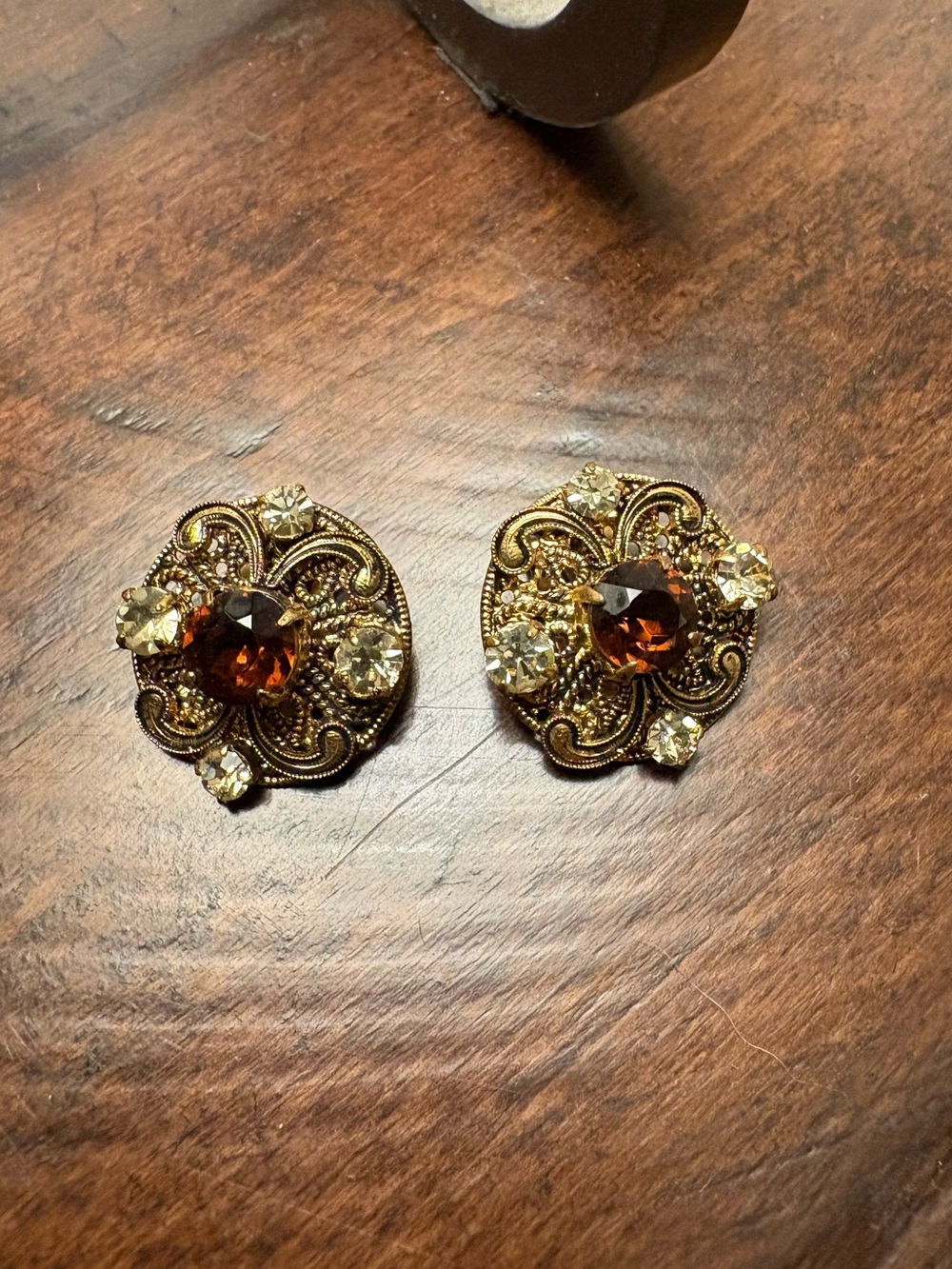 Vintage Brass Filigree Clip Earrings with Paste Stone Accents